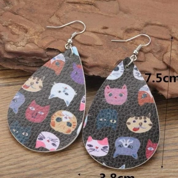 Cat Print Leather Drop Earrings - Picture 2 of 5